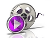 3d illustration of a large simple film reel with a metallic play symbol sitting in front of it